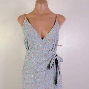 WAYF Coquette Cottagecore Dainty Floral Wrap Midi Dress Light Blue sz M NWT